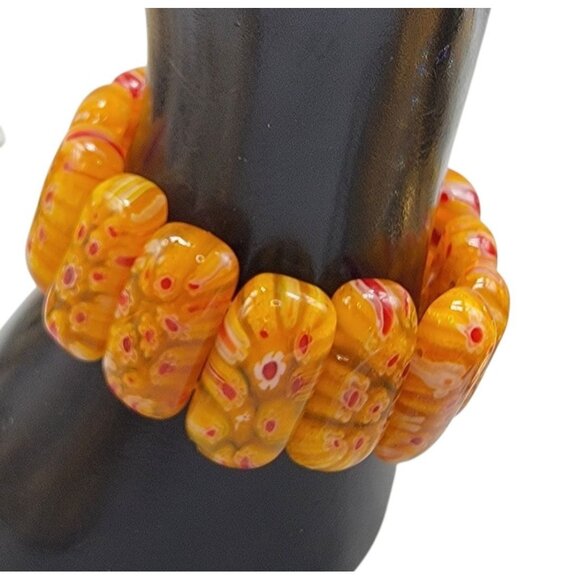 Millefiori Bead Glass Bar Link Stretch Bracelet Vintage 1940s Red Orange SZ 6.5" - Picture 1 of 11